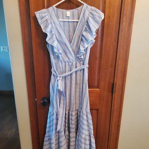 Milumia Women Striped Wrap V Neck Fit Flare Ruffle Sundress Belted Dress